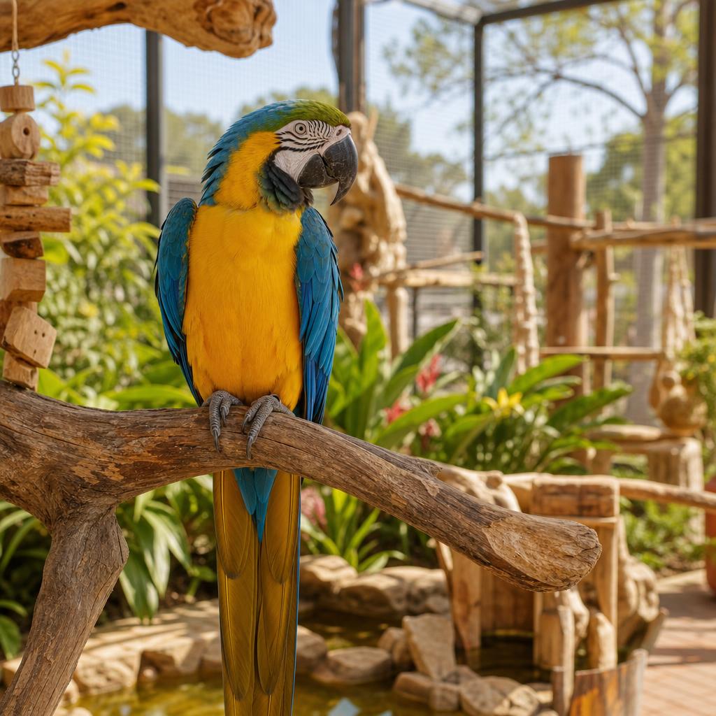 Guacamayo azul y amarillo sobre una percha natural en un aviario soleado