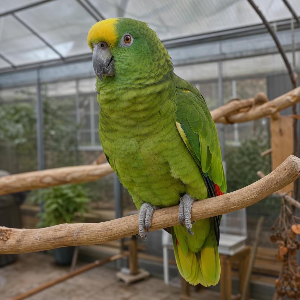 Loro amazona de plumaje verde con detalles amarillos en la cabeza